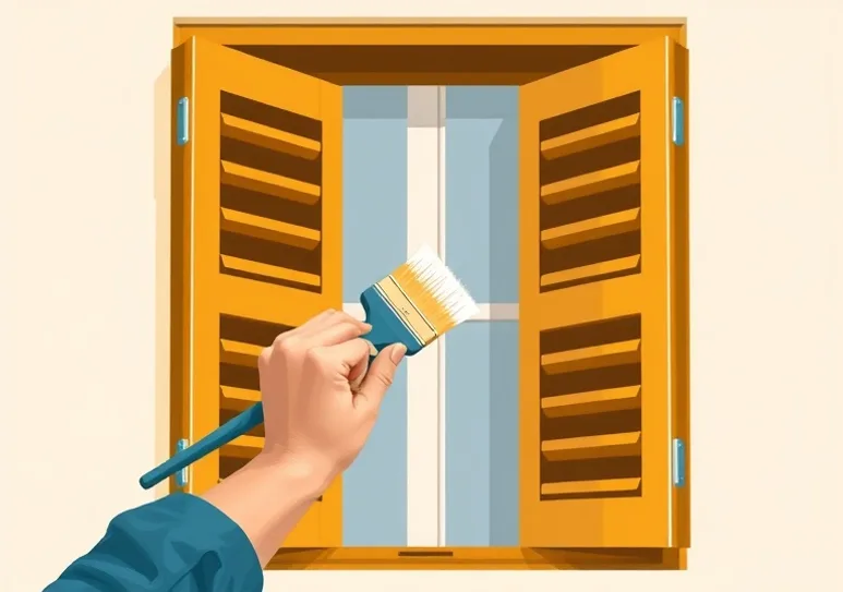 Mise en peinture au pinceau de volets et d'encadrements en bois