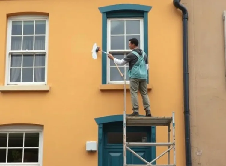 Peintre sur échafaudage traitant la façade d'une maison