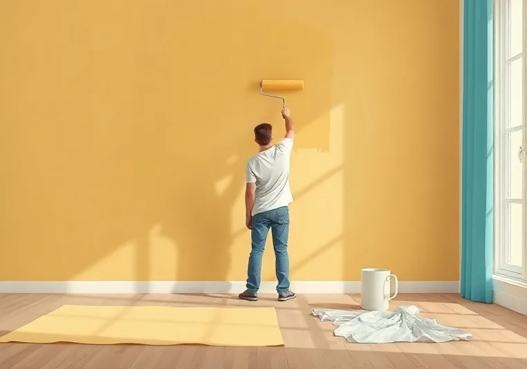 Peintre appliquant la peinture au rouleau sur un mur de salon